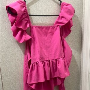 SHEIN Pink Asymmetrical Flutter Sleeve Blouse